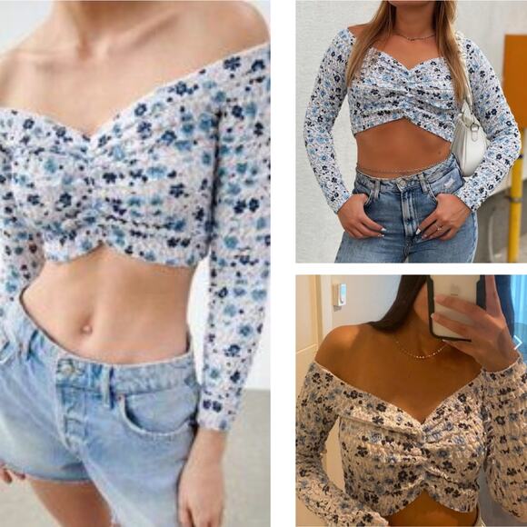 NWT ZARA Ruched Off The Shoulder Wrinkle Crop Top Sz Medium Floral Print - Picture 1 of 6